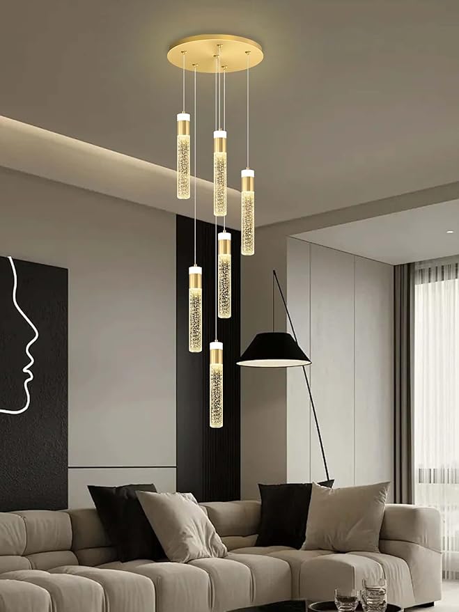6-Light Gold Modern Crystal Raindrop Chandelier for Dining Room Entrance Long Crystal Bubble Column Chandelier for High Ceiling Lighting Fixtures LED Lampara, 3000k-6000K