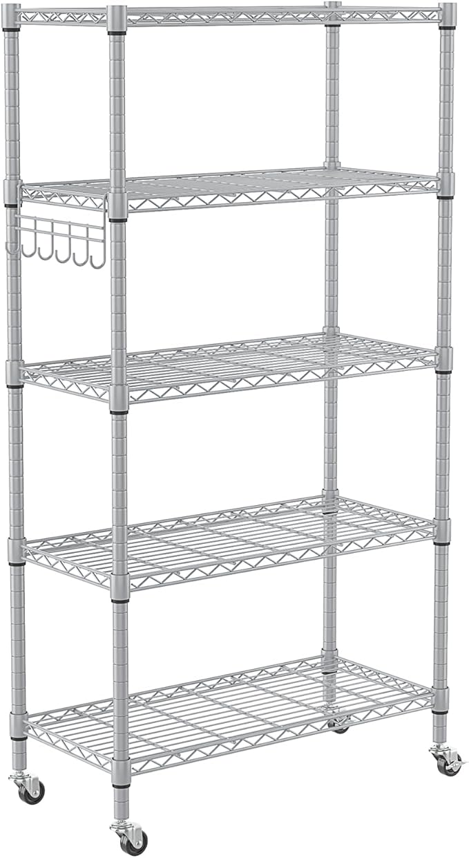 Homdox 5 Tier Adjustable Rolling Storage Shelves, Heavy Duty Wire Racks and Shelving, Metal Shelves for with Side Hooks Pantry Closet Kitchen Garage Organization, Silver Gray