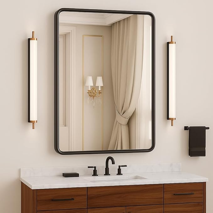 Black 20x16 Inch Metal Framed Mirror for Wall, Large Rounded Rectangle Mirror, Anti-Rust, Tempered Glass, Hangs Horizontally or Vertically