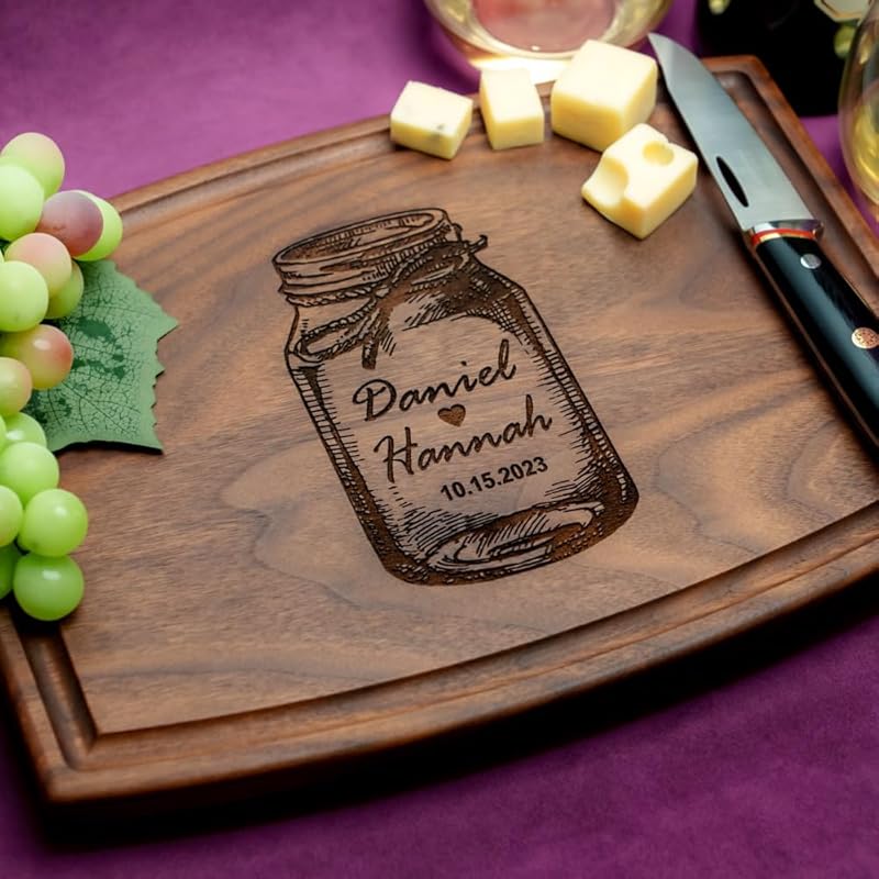 Straga Personalized Cutting Boards | Handmade Wood Engraved Charcuterie | Custom Wedding, Anniversary, Housewarming Gift for Couples (Rustic Jar Design No.020)
