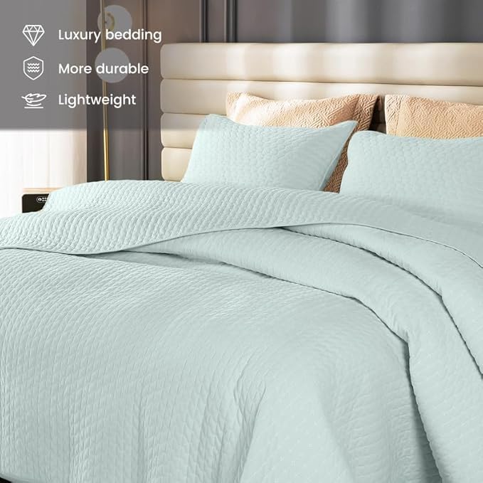 Velvet Quilt Twin Size,Luxurious Quilted Bedspread Bedding Set, Reversible Coverlet with Brushed Back, Ultra Soft Cozy Warm for All Season, Cross Stitch Striped, Pale Blue