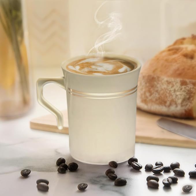 OCCASIONS 120 Mug Pack, Heavyweight Disposable Wedding Party Plastic 8 oz Coffee/Tea/Cappuccino/Espresso Cups with Handles (Ivory & Gold Rim)