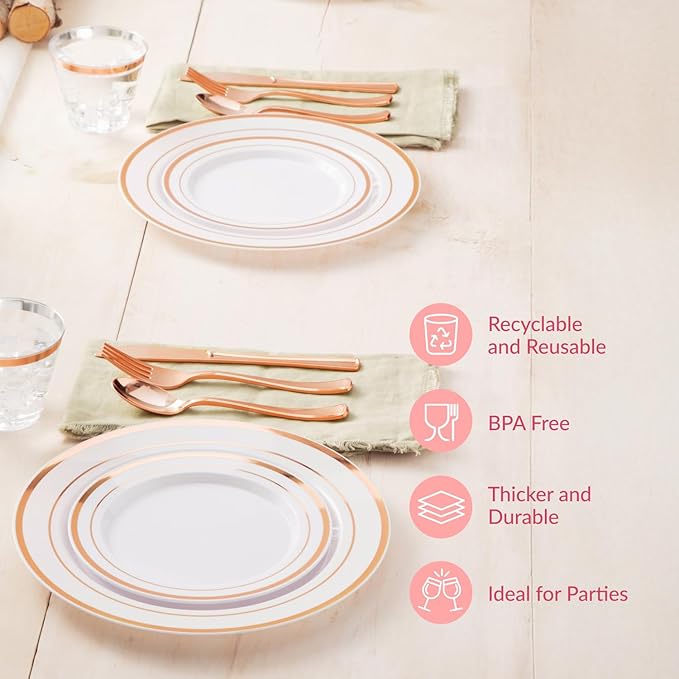 Prestee Rose Gold Disposable Dinnerware Sets - 350-Piece Plastic Dinner Set for 50 Guests, Includes Plastic Plates, Cups, Cutlery, for Weddings, Baby Showers, and Party Dining