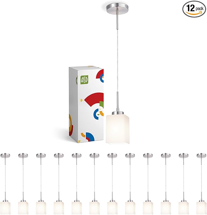 ASD Single Mini-Pendant Ceiling Light Fixture | 60W E26 Socket 120V | Dimmable, LED/CFL/Incandescent Bulbs Compatible, ETL Listed | Hanging Kitchen Island Lighting, Frosted Drop Lamp | Nickel, 12 Pack