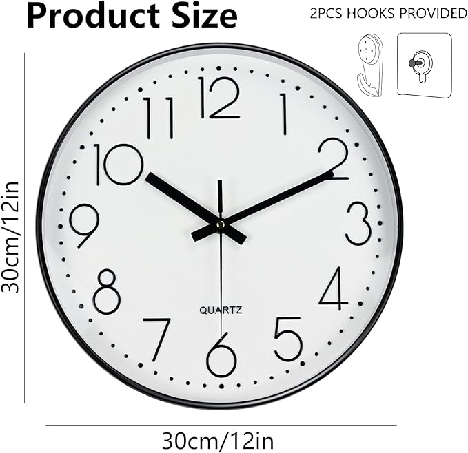 Modern Silent Wall Clock - 12 Inch Wall Clocks Battery Operated Large Number, Non-Ticking Analog Clock with Tempered Glass Quartz Clocks for Living Room Bedroom Office Kitchen, White Black