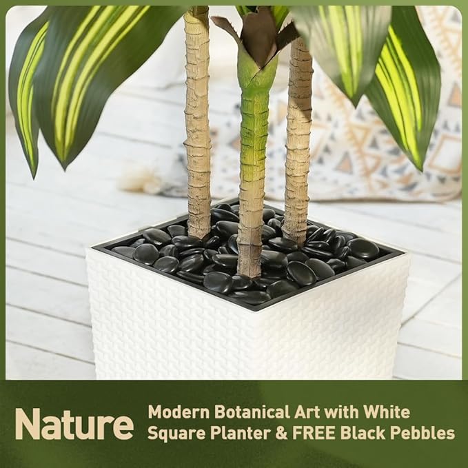 Artificial Dracaena Tree 5FT - UV Resistant Faux Tree with Large Taper Planter & Pebbles - Tall Fake Plants Indoor & Outdoor, Potted Floor Plant for Home Living Room Porch Decor, VN127