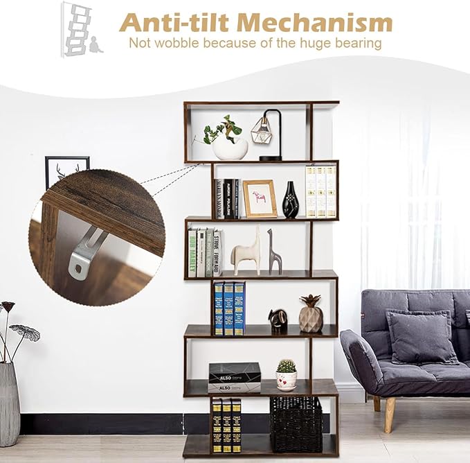 Tangkula 6-Tier Geometric Bookcase, Modern S-Shaped Storage Display Bookshelf for Living Room, Anti-Toppling Device, Home Office Wooden 6 Shelf Open Bookcase (1, Coffee)