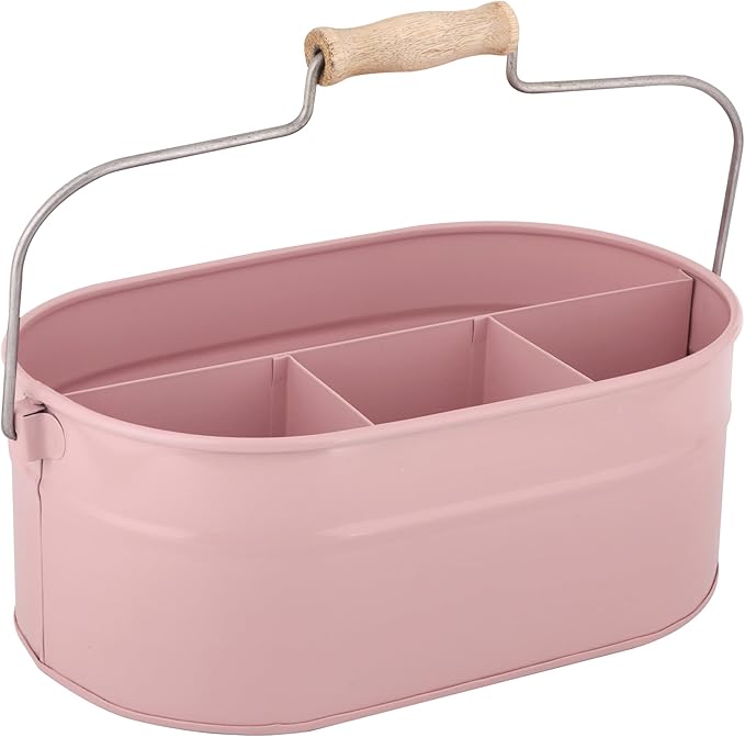 Alpha Living Home Farmhouse Utensil Caddy - 4 Compartment Silverware & Kitchen Organizer with Sturdy Wooden Handle, Heavy Duty Metal Alloy Utensil Holder Durable Powder-Coated Finish (Pink)