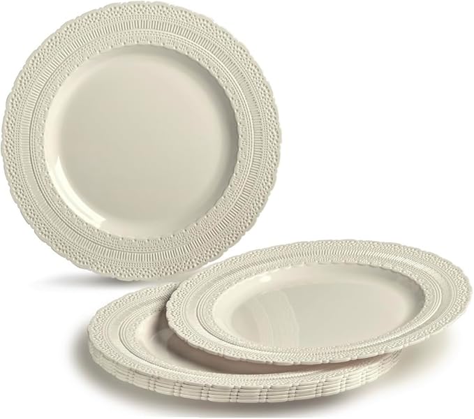 " OCCASIONS " 240 Plates Pack,(120 Guests) Extra Heavyweight Vintage Wedding Disposable/Reusable Plastic Plates 120x 11'' Dinner + 120 x 8.25'' Salad/Dessert Plate (Chateau Ivory)