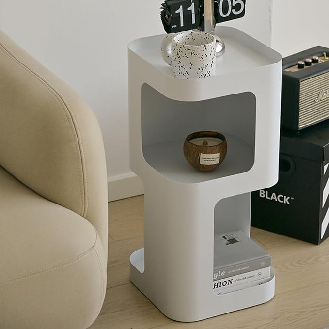 Modern Side Table,Small end Table for Small Spaces,Metal nightstand with Storage Shelf,Space-Saving Bedside Table Accent Table Drink Tables for Living Room,Bedroom.No Assembly Required (White)
