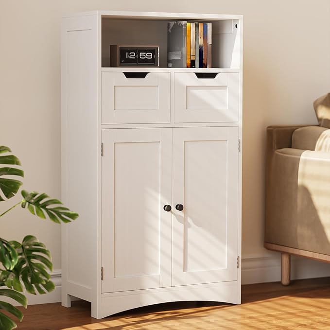 Gizoon Storage Cabinet, Bathroom Cabinet with 2 Drawers and Adjustable Shelves, Freestanding Storage Organizer with Doors for Bathroom, Living Room, Kitchen, Home Office, Hallway