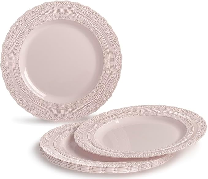 " OCCASIONS " 240 Plates Pack,(120 Guests) Extra Heavyweight Vintage Wedding Disposable/Reusable Plastic Plates 120x11'' Dinner+120 x 8.25'' Salad/Dessert Plate (Chateau Blush Pink)