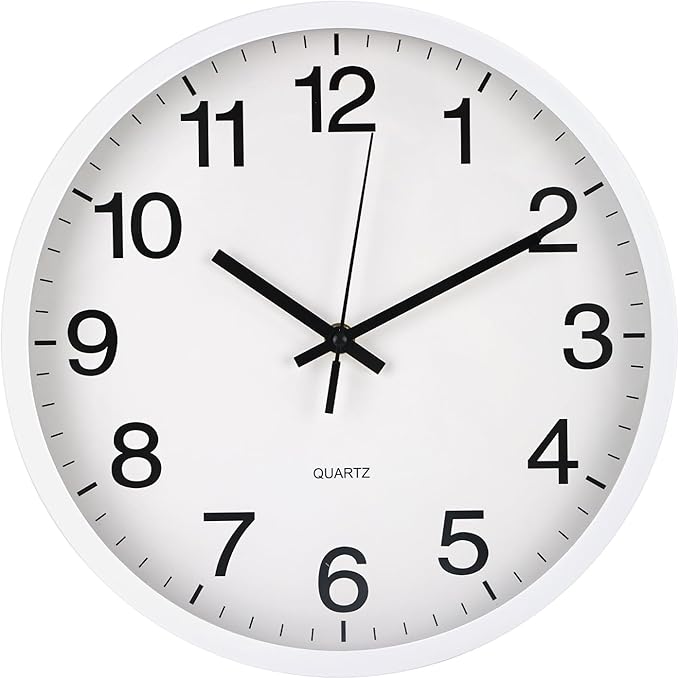 Wall Clock Non-Ticking Silent Quartz Movement Decor Clock Modern Simple Style Round Plastic Wall Clocks for Home/Office/School/Living Room/Bedroom/Kitchen (White, 12 Inch)