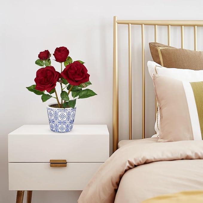 Hollyone Red Roses Artificial Flowers in Blue and White Porcelain Vase 13.4" Fake Roses Flower Arrangement Artificial Plants & Flowers Potted Plant Faux Silk Rose Flower with Ceramic Pot Home Decor