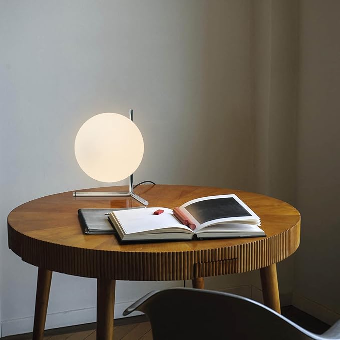 BOKT Modern Globe Table Lamp Chrome Simple Desk Lamp Bedside Nightstand Small Lamp Nordic Creative Design White Glass Ball Reading Lights for Study Living Room Bedroom Children Room Cabinet Farmhouse