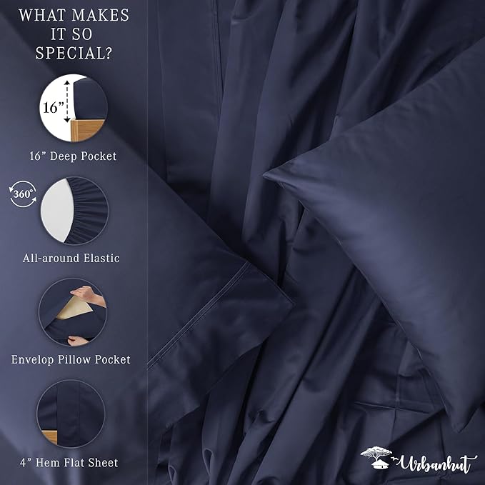 URBANHUT 700 Thread Count Queen Size Egyptian Cotton Sheets, 4Pc Sheet Set Soft Luxury Bed Sheets for Queen Size Bed, Sateen Weave Hotel Sheets, 16'' Elasticized Deep Pocket - Navy Blue