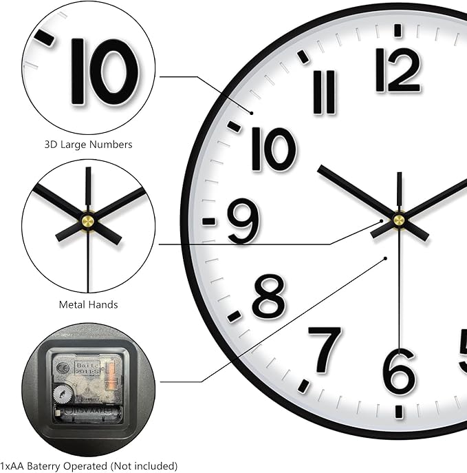 Black Wall Clock, 8 Inch Wall Clocks Battery Operated, Round Modern Non Ticking Silent Digital Analog Small Wall Clock for Bedroom Living Room Kitchen Office Gym Classroom Outdoor Clocks