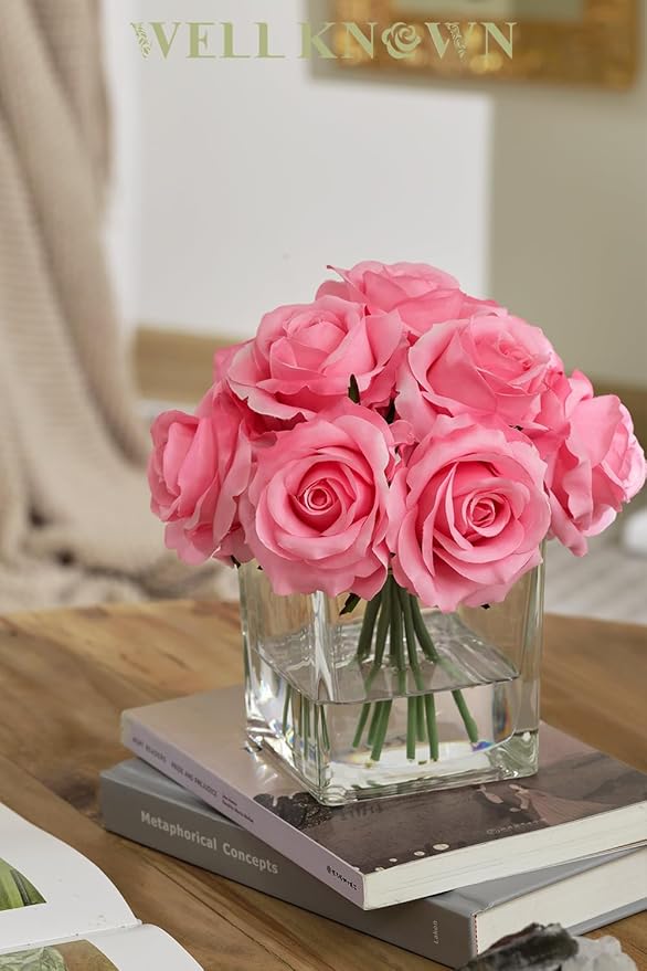 WELL KNOWN Rose Artificial Flowers in Vase with Faux Water, Silk Rose Table Centerpieces for Home Coffee Table Decor, Fake Roses Flower Arrangements for Office Hotel Lavatory Decor (Pink)