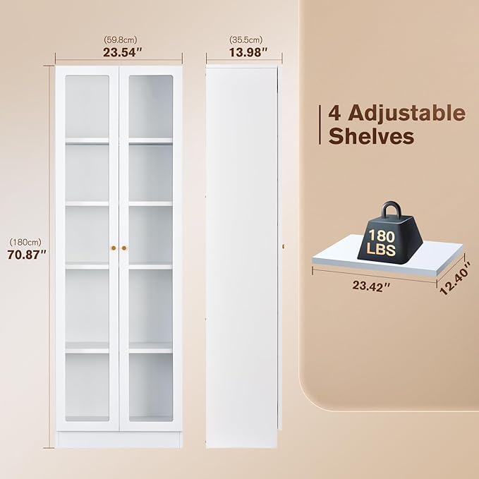 5 Tier Metal Curio Cabinets,Modern Bookcase with Acrylic Door and 4 Adjustable Shelves, 70.87 Inch Tall Storage Cabinet Display Case, Dust Proof Display Cabinet for Home Office, Living Room