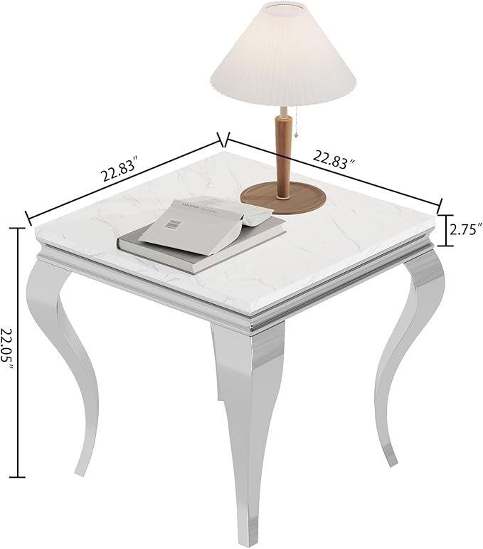 SSLine Modern White Faux Marble End Table Luxury Square Sofa Side Table with Silver Curved Legs Mid-Century Elegant Bedside Table w/Mirrored Stainless Steel Frame for Living Room Bedroom