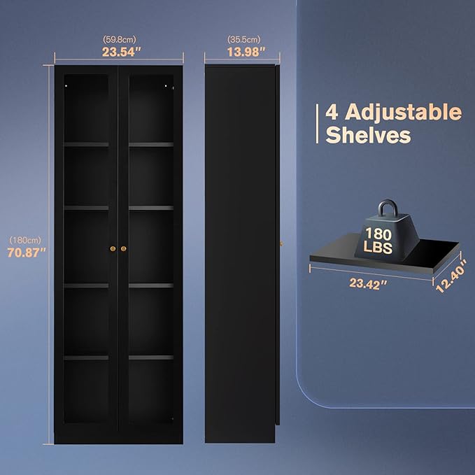 Metal Curio Storage Cabinet with 4 Adjustable Shelves and Acrylic Door, 72" Dust Proof Display Cabinet, 5 Tier Bookcase for Home Office, Living Room, Pantry