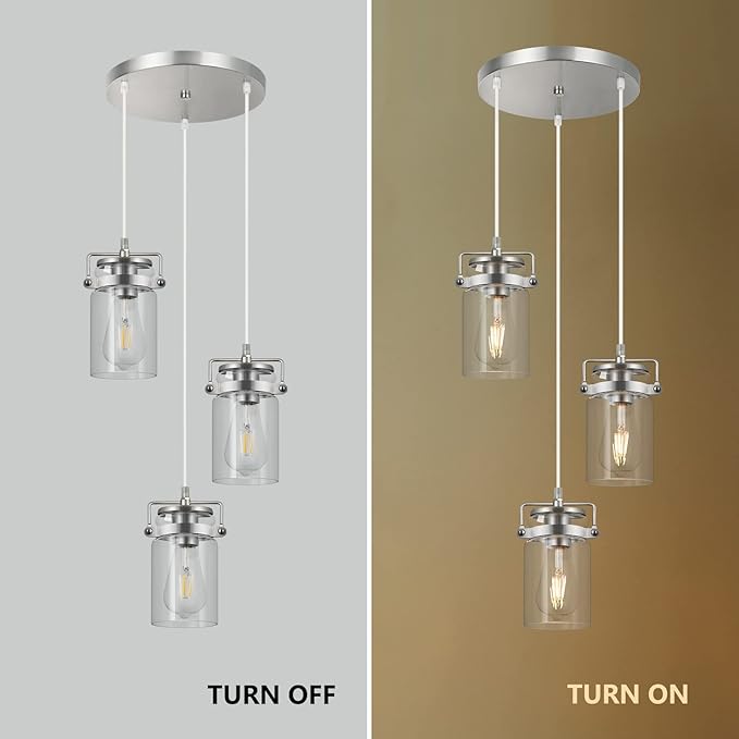 Pendant Lighting for Kitchen Island, Modern Glass Pendant Light Linear Chandelier for Dining Room Industrial 3 Light Hanging Light Fixture Adjustable Cord Farmhouse Ceiling Light Brushed Nickel Finish