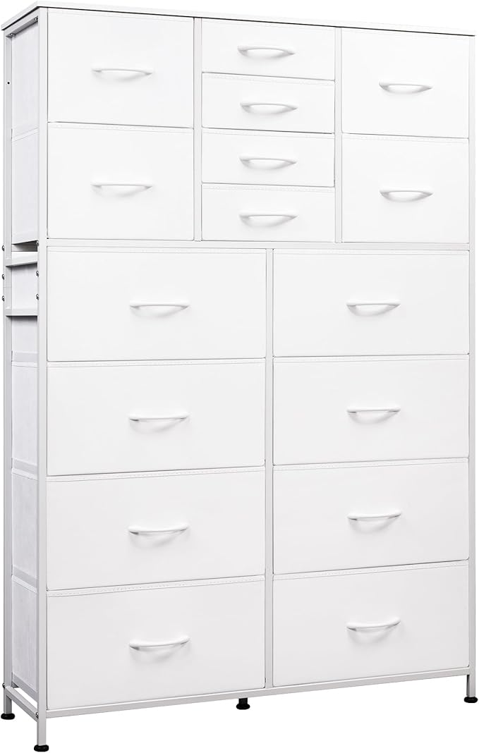 WLIVE Tall Console Table with 16 Fabric Drawers, Entryway Table with Storage, Large Storage Organizer with Wood Top, Steel Frame for Living Room, Hallway, Office, White