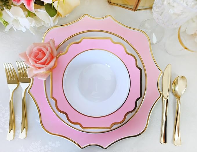 " OCCASIONS " 80 Plates Pack,(40 Guests) Heavyweight Premium Wedding Party Disposable Plastic Plates Set -40 x 10.5'' Dinner + 40 x 8'' Salad/Dessert(Imperial in Light Pink & Gold)