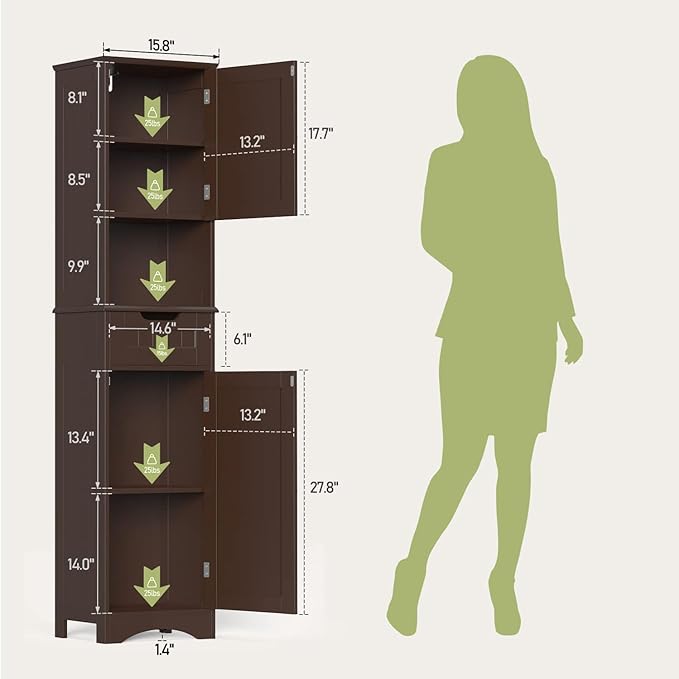 Gizoon 67" H Tall Bathroom Cabinet, Storage Cabinet with 2 Doors & Drawer, Narrow Linen Tower Freestanding Adjustable Shelves for Home, Kitchen, Versatile, Anti-Tipping, Dark Brown