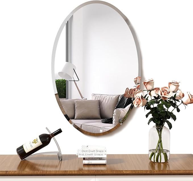 KOHROS Frameless Oval Mirror 20" x 28" Bathroom Wall Mirror w/Polished Beveled Edge, Anti-Rust, Tempered Glass (Silver)