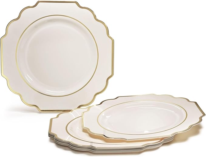 " OCCASIONS " 50 Plates Pack (25 Guests)-Heavyweight Wedding Party Disposable Plastic Plate Set -(25x10.5'' Dinner + 25x8'' Salad/Dessert) (Imperial Ivory & Gold)