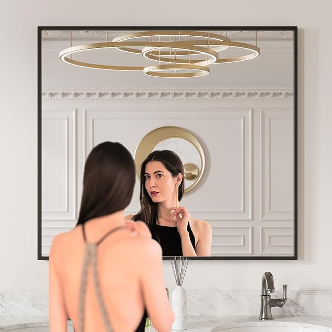 LOAAO 40"X36" Black Rectangle Bathroom Mirror Wall, Matte Black Aluminum Alloy Frame, Tempered Glass, Hangs Vertically or Horizontally, Easy to Install