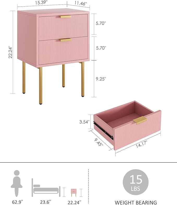 Nightstand,Morden Bedside Table with Gold Frame,Small White Night Stand,End Table,Bedside Furniture,Side Table with Drawer and Shelf for Bedroom,Living Room (2Drawers, Pink)