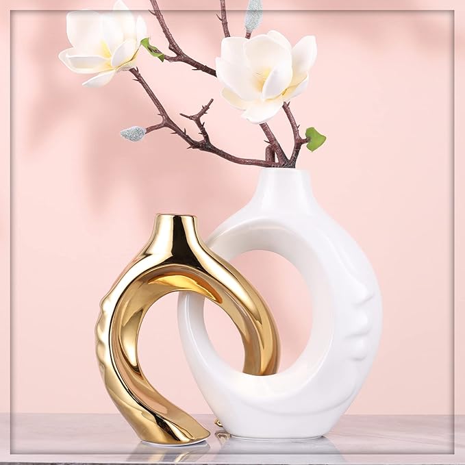 White Gold Ceramic Decorative Vase Home Decor, White and Gold Vase Set of 2, Pampas Grass Decorative Vase, Coffee Table Vase, Entryway Table Decor (White Gold)