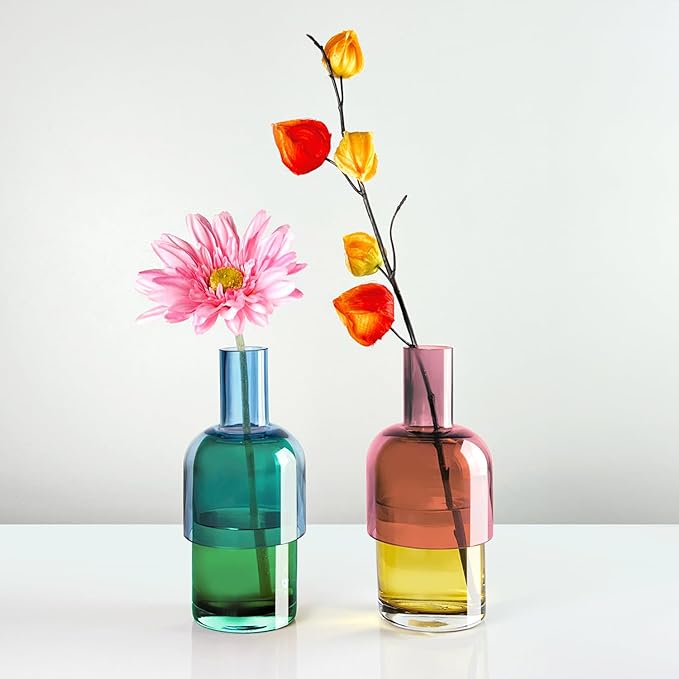 Cloudnola Reversible Glass Flower Vase and Bud Vase Set of 2, Blue & Green and Pink & Yellow, Ideal Gift Set, for Home, Wedding, and Event Decor