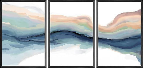 SIGNWIN Framed Canvas Print Wall Art Set Pastel Watercolor Teal Brown Paint Stroke Landscape Abstract Shapes Illustrations Modern Art Decorative for Living Room, Bedroom, Office - 16"x24"x3 Black