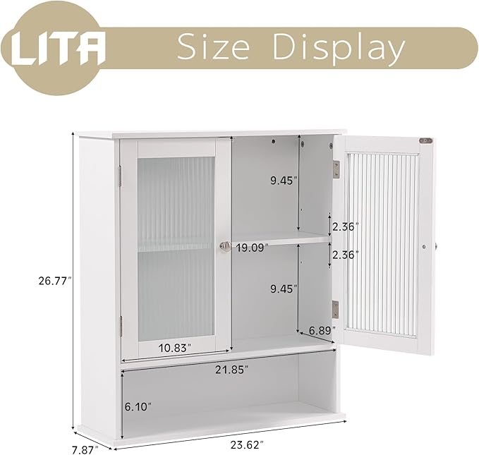 LITA Bathroom Wall Cabinet with Glass Doors, Medicine Cabinet with Adjustable Shelves, Space Saver Over Toilet Storage Cabinet for Bathroom, Living Room, Kitchen, White