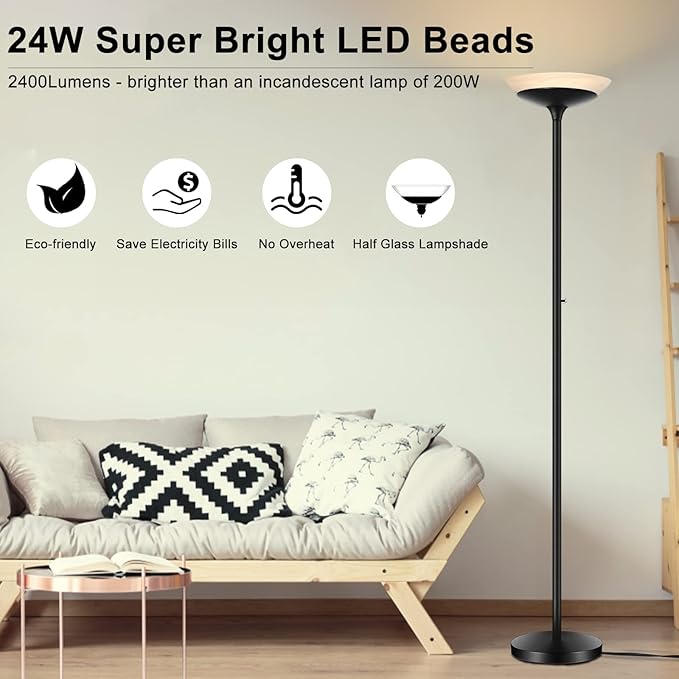 BoostArea Torchiere Floor Lamp, 30W Super Bright LED Standing Lamp, Stepless Dimmable Pole Lamp with 3000K Lighting, Rotary Switch, 70 Inch Tall Metal Modern Floor Lamps for Living Room/Bedroom Black
