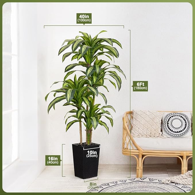 Artificial Dracaena Tree 6FT - UV Resistant Faux Tree with Large Taper Planter & Pebbles - Tall Fake Plants Indoor & Outdoor, Potted Floor Plant for Home Living Room Porch Decor, VN127