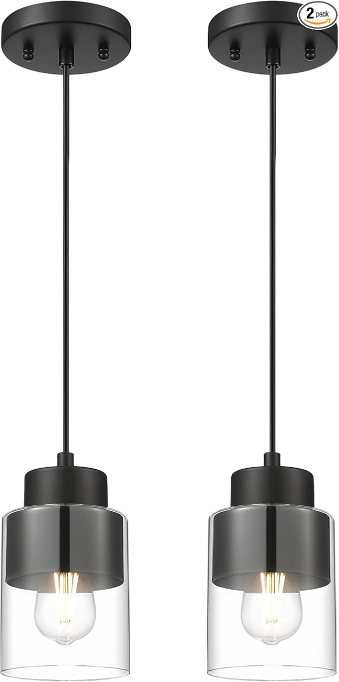 2-Pack Pendant Lights Kitchen Island, Dual Shade Hanging Lights Fixtures with Metal and Clear Glass, Modern Matte Black Kitchen Pendant Lighting Over Island for Dining Room, AD-24022-1P2-BK