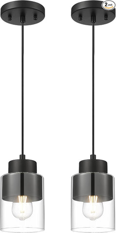 2-Pack Pendant Lights Kitchen Island, Dual Shade Hanging Lights Fixtures with Metal and Clear Glass, Modern Matte Black Kitchen Pendant Lighting Over Island for Dining Room, AD-24022-1P2-BK