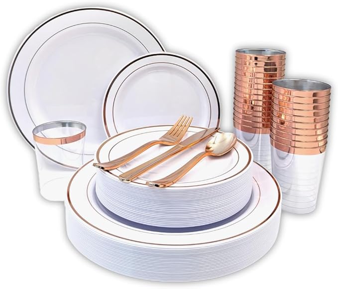 Tableware Dinnerware Set, Premium Heavyweight, Reusable or Disposable Party Plates, Includes Dinner Plate, Dessert Plate, Cutlery, and Cup (Rose Gold, 150-Piece Set, Serves 25 Guests)