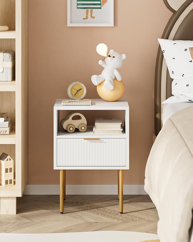 Nightstand,Morden Bedside Table with Gold Frame,Small White Night Stand,End Table,Bedside Furniture,Side Table with Drawer and Shelf for Bedroom,Living Room (1Drawer, White)