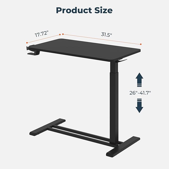 Medical Overbed Adjustable Bedside Table with Hidden Casters, Mobile Pneumatic Rolling Laptop Standing Desk with Tray for Home & Hospital Use, Black Tabletop + Black Edging