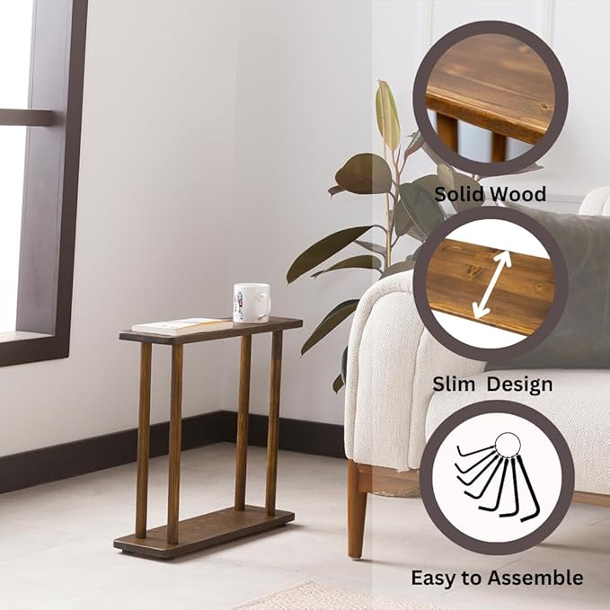 Rectangular Solid Pine Wood Narrow Side Table, Skinny Bedside Table, Small End Table (Dark Walnut, Medium)