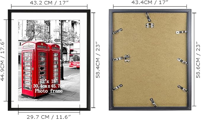 Giftgarden 12x18 Frame Set of 4, 17x23 Poster Frame Matted to Display 18x12 Picture with Mat, 23x17 Print Without Mat, Black
