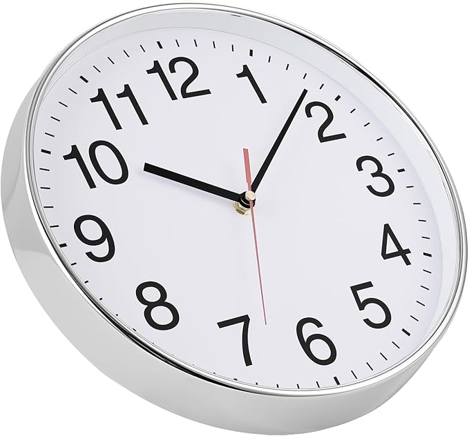 Plumeet Silent Wall Clock - 12" Non Ticking Quartz Black Wall Clocks - Simple Design Wall Clocks for Living Room Decor, Battery Operated, Chrome