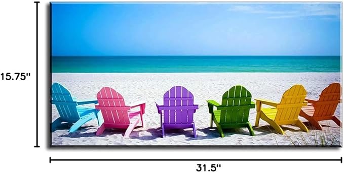 Beach Canvas Wall Art for Living Room, PIY Blue Sea with Colorful Chairs Picture Prints Decor, Relax Leisure Time Home Decorations (1" Thick Frame, Waterproof, Bracket Mounted Ready Hanging)