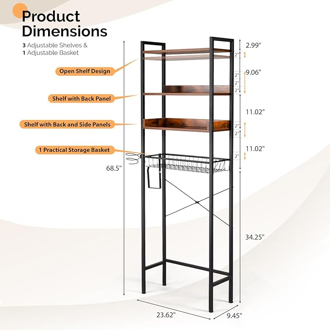 VINGLI Over-The-Toilet Storage Cabinet | 4-Tier Adjustable Shelves with Basket & Hairdryer Holder | Freestanding Bathroom Organizer Above Toilet, Durable Space-Saving Rack with Hooks (Rustic Brown)