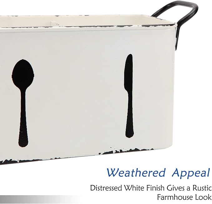 NIKKY HOME Farmhouse Utensil Holder for Countertop, Flatware Cutlery Caddy Silverware Holder Spoons Knives Forks Organizer Kitchen Decor - Distressed White